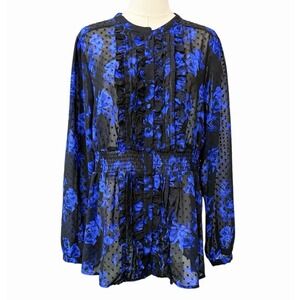 Torrid Chiffon Clip Dot Ruffle Front Sheer Top Floral Roses Blue Size 1 XL Fairy